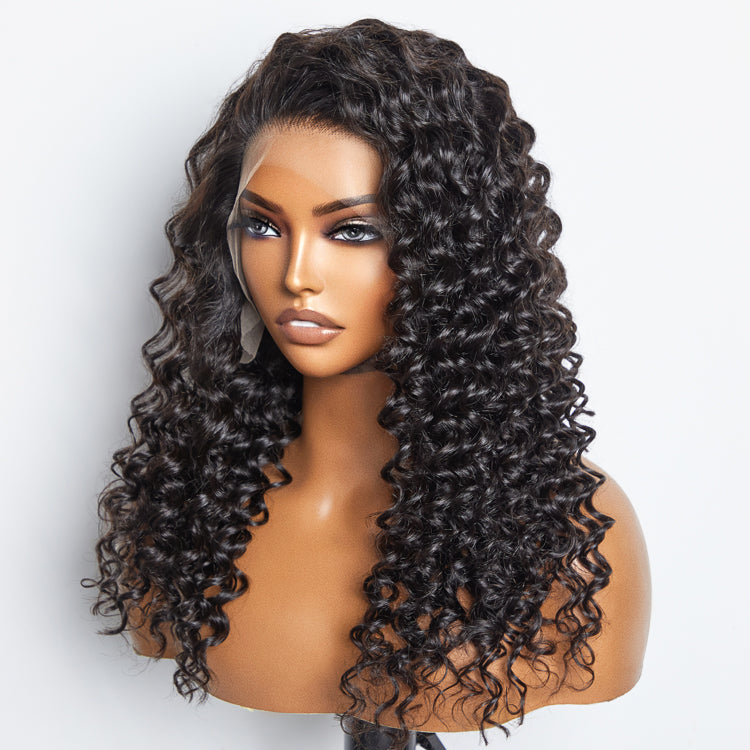 Glueless 3D Cap Pre-bleached Deep Wave 13x4 Transparent Lace Front Wig 150% Density