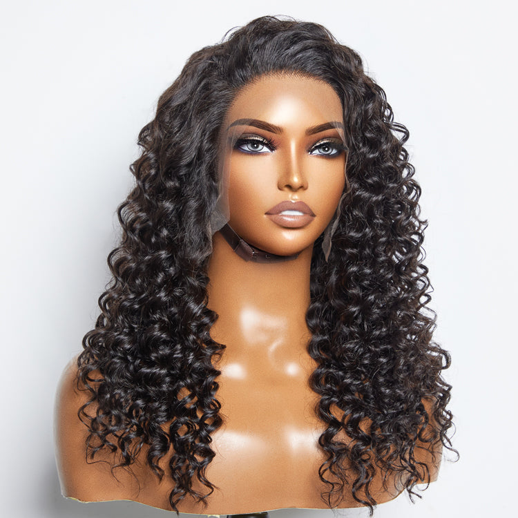 Glueless 3D Cap Pre-bleached Deep Wave 13x4 Transparent Lace Front Wig 150% Density