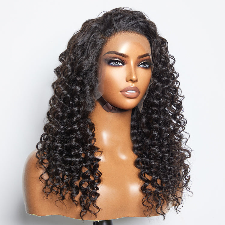 Glueless 3D Cap Pre-bleached Deep Wave 13x4 Transparent Lace Front Wig 150% Density