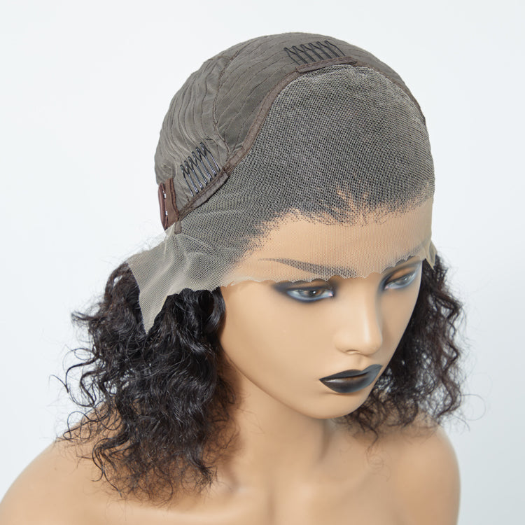 12/14 Inches 13"x4" Natural Black Water Wavy Bob 3D Transparent Lace Frontal Wig-100% Human Hair