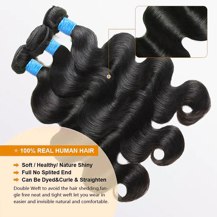 10-30 Inch Body Wave Virgin Brazilian Hair #1B Natural Black