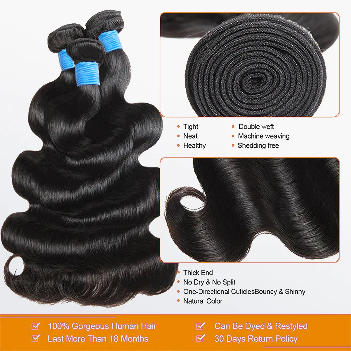 10-30 Inch Body Wave Virgin Brazilian Hair #1B Natural Black
